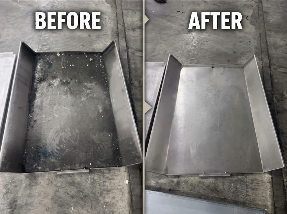 Before and after dry ice blasting: stainless drip tray coated in dark residue and debris, then clean bare stainless