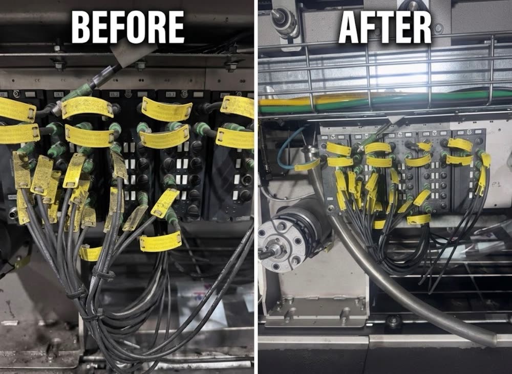 Before and after dry ice blasting: grimy I/O modules and cable labels, then clean modules under the cable tray