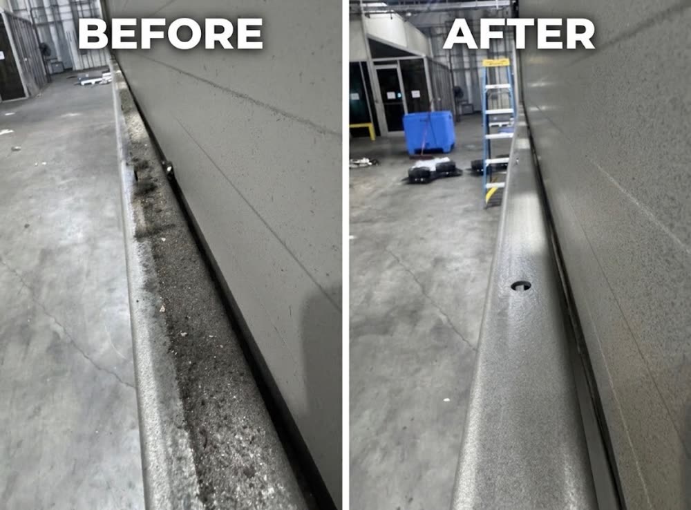 Before and after dry ice blasting: debris packed in a wall base trough, then a clean trough