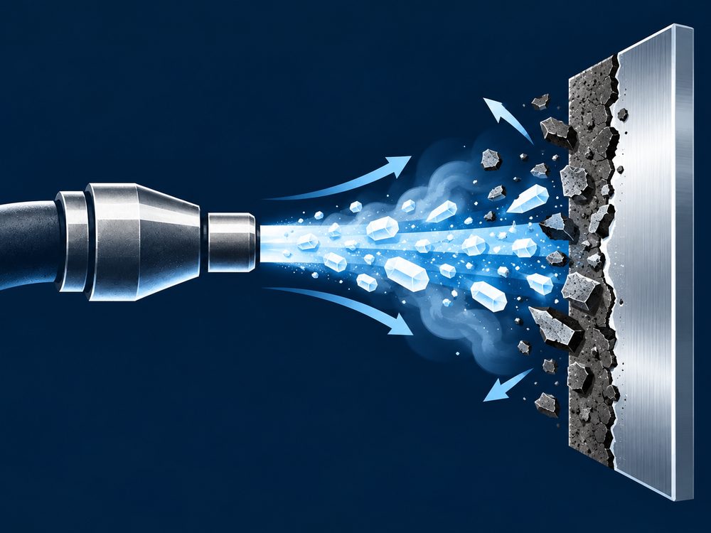 Dry ice pellets lifting contaminant off a steel surface