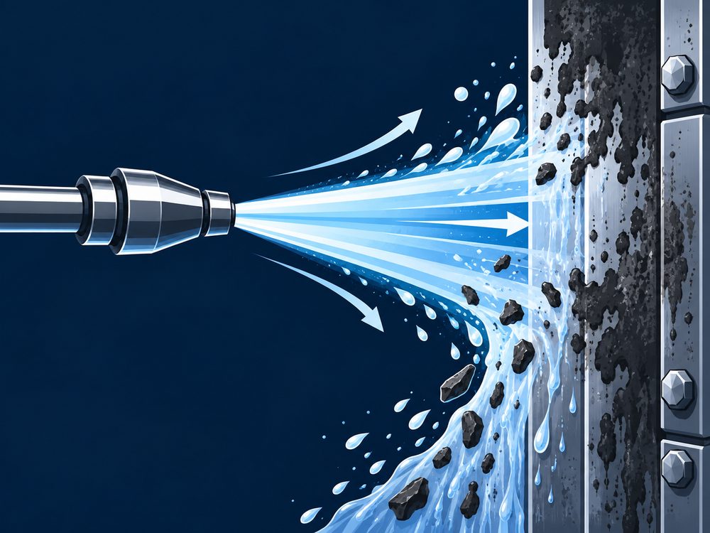 High-pressure water stripping grime from a surface