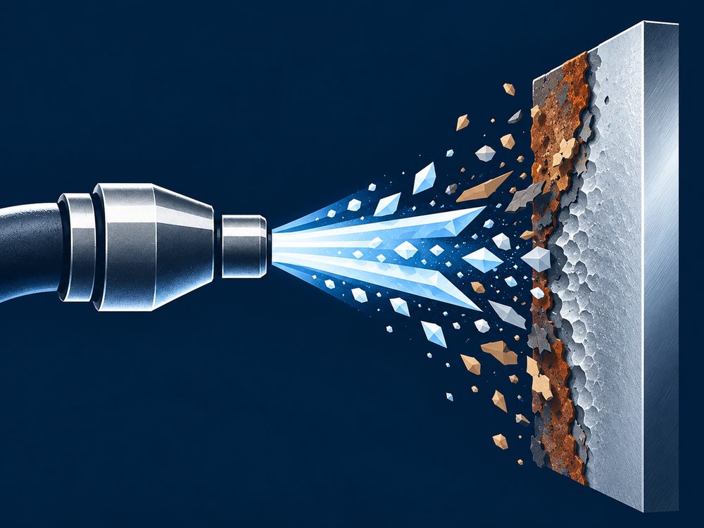 Abrasive media stripping rust down to bare steel